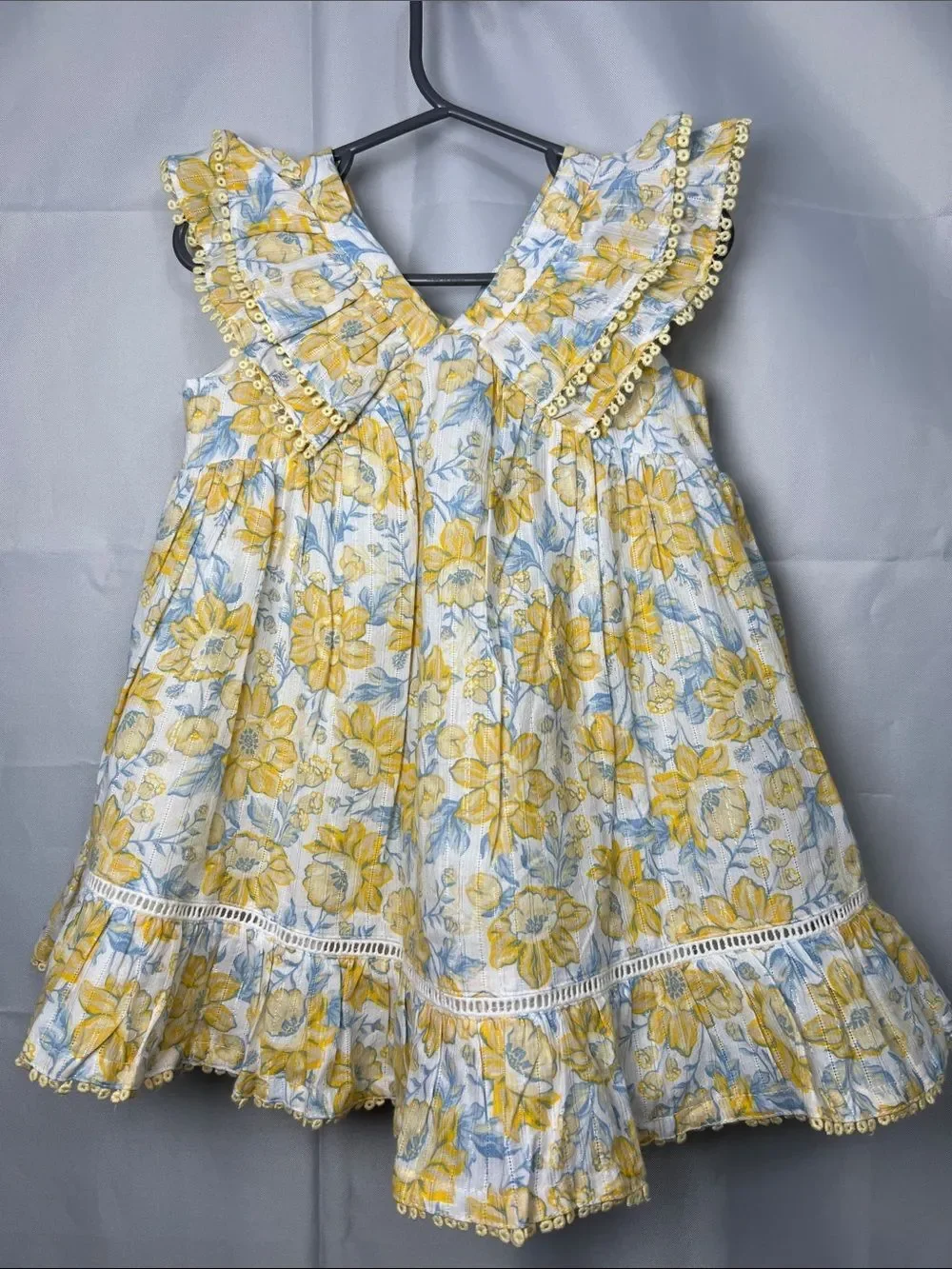 Sincerely Jules white yellow blue floral print ruffle dress with gold accents